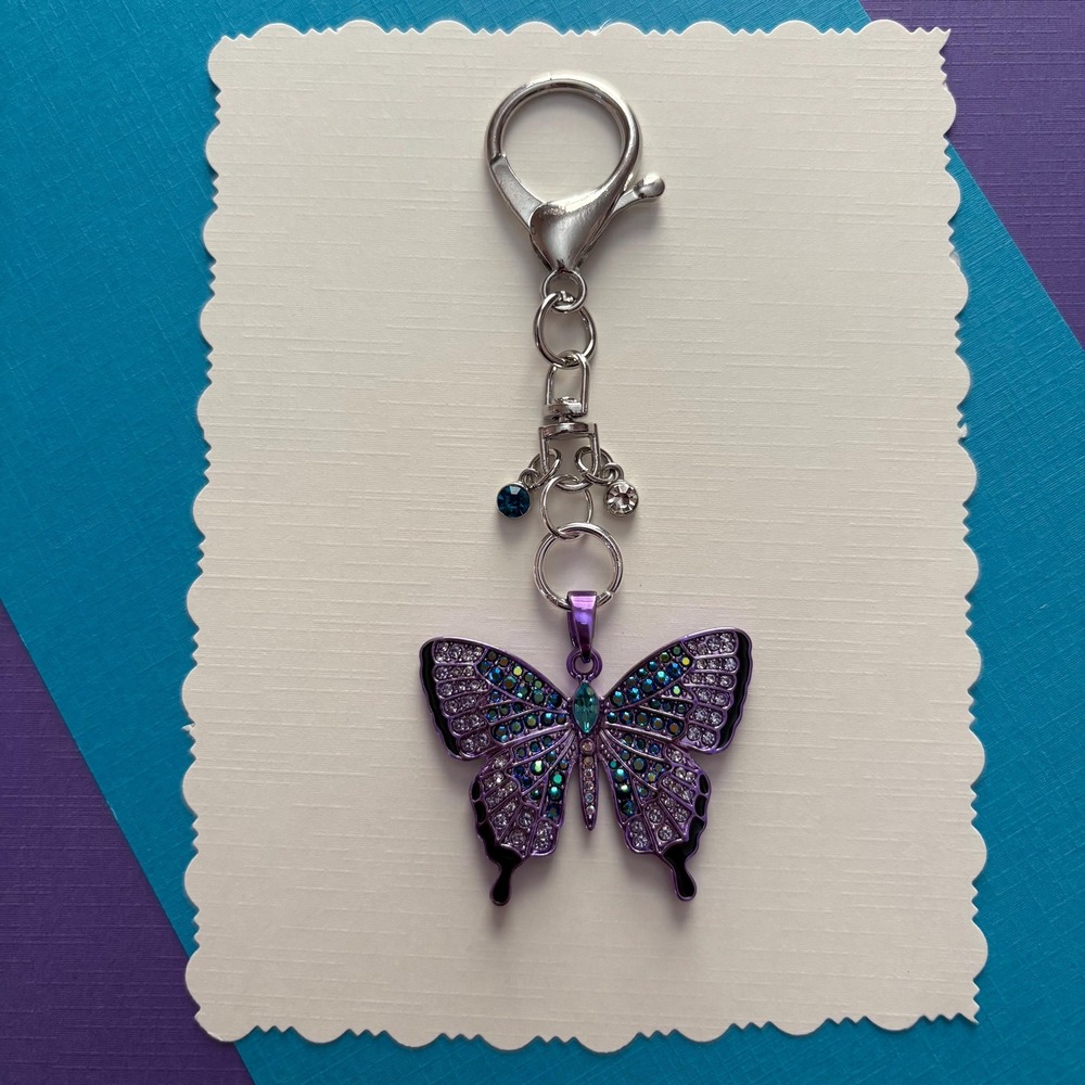 Sparkling Purple Butterfly with Rhinestones Purse Charm‎ Keychain Bag Accessory
